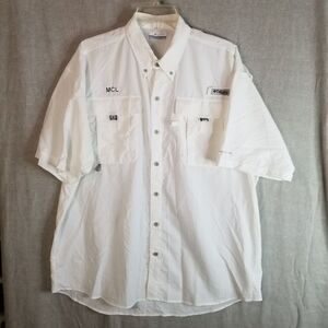 Columbia Fishing Shirt Men's Large PFG Ivory Nylon Short‎ Sleeve Button Down